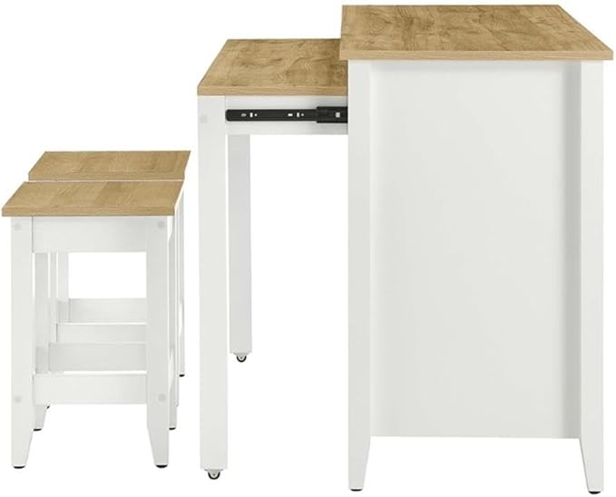 MAKLAINE Contemporary 3-Piece Kitchen Island Set, Oak White Finish, MDF and Particleboard Construction, Butcher Block Countertop, Pull-Out Table, Adjustable Shelves, Includes 2 Backless Stools