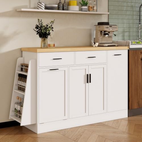 Bellemave Sideboard Buffet Cabinet with Drawers & Adjustable Shelves, Modern Kitchen Pantry with Tilt Out Trash Can, Coffee Bar Station with 3-Tier Pull-Out Rack for Dining Room, Kitchen (White/58)