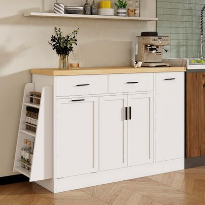Bellemave Sideboard Buffet Cabinet with Drawers & Adjustable Shelves, Modern Kitchen Pantry with Tilt Out Trash Can, Coffee Bar Station with 3-Tier Pull-Out Rack for Dining Room, Kitchen (White/58)