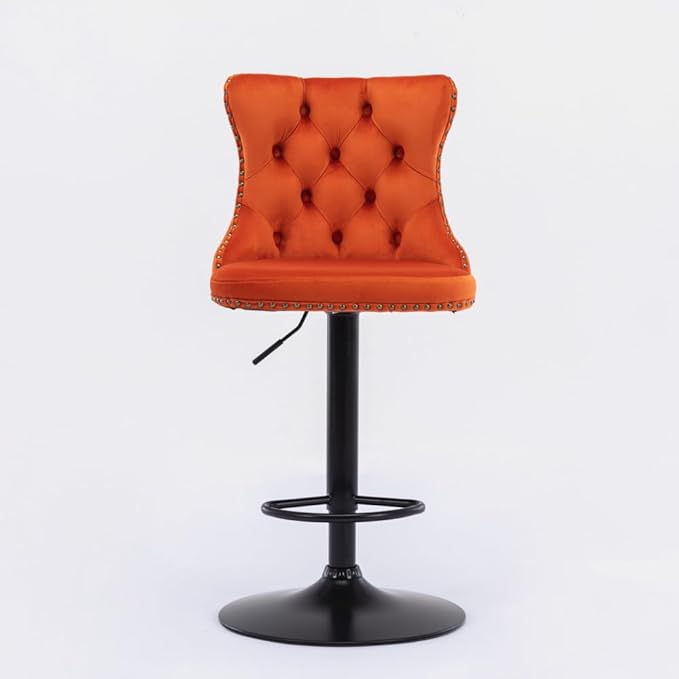Adjustable Swivel Bar Stool with Tufted Velvet Upholstery, Chrome Base and Back Support for Kitchen Island, Home Bar or Pub (Orange + Velvet + Foam)