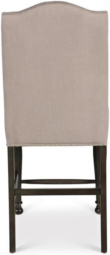 BOWERY HILL Counter Height Chair Set of 2, Harbor Gray Finish, Light Stone Fabric, 20" W x 24" D x 45" H, Shield Back with Nailhead Trim, Turned Legs, Stretchers, Kitchen Island or Bar Seating