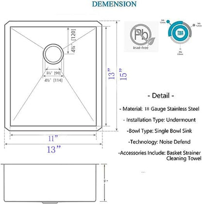 Hotis Bar Sink Undermount, 13 X 15 Inch Brush Nickel Small Rv Kitchen Sink, Stainless Steel Handmade Single Bowl Outdoor Wet Bar Prep Sink With Strainer