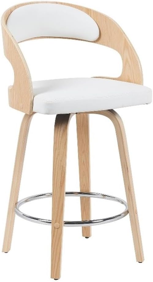 Armen Living Shelly Modern Counter Height Swivel Bar Stool in Patterned Oak Finish with White Faux Leather Upholstered Seat