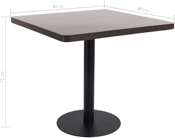 Modern Simplistic Dark Brown Square MDF Bistro Table 31.5x31.5x29.5 Inch with Black Steel Legs Small Indoor Dining Table for Two People in Kitchen Cafe or Dining Room