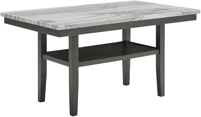Counter Height Dining Table with Faux Marble Top and Storage Shelf for Kitchen Island Use