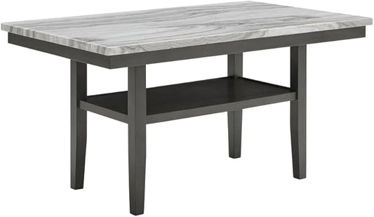 Counter Height Dining Table with Faux Marble Top and Storage Shelf for Kitchen Island Use