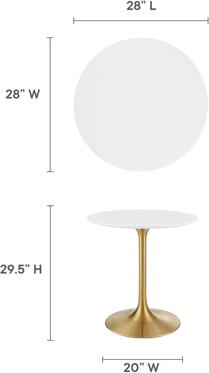 Modway Lippa 28" Mid-Century Modern Dining Table with Round Top in Gold White