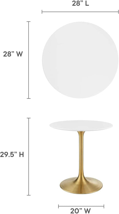 Modway Lippa 28" Mid-Century Modern Dining Table with Round Top in Gold White