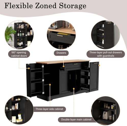 Bellemave Sideboard Buffet Cabinet with Drawer & Adjustable Shelves, Modern Kitchen Pantry with 3-Tier Pull-Out Rack, Coffee Bar Cabinet with Storage for Dining Room, Living Room, Kitchen (Black/54)