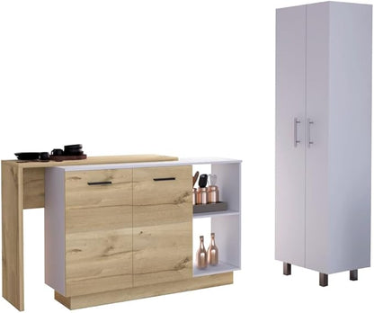 GOWE Crescent 7-Shelf 4-Door 2-Piece Kitchen Set, Kitchen Island and Pantry White and Light Oak