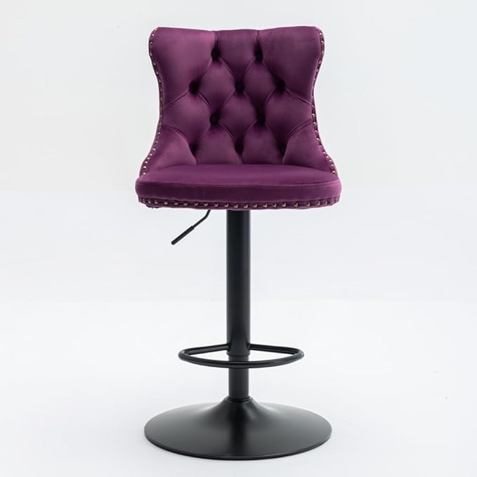 Premium Upholstered Bar Stool with Swivel Seat and Adjustable Height for Kitchen Island, Home Bar, or Dining Counter (Purple + Velvet + Foam-1)