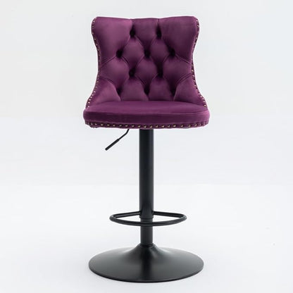 Premium Upholstered Bar Stool with Swivel Seat and Adjustable Height for Kitchen Island, Home Bar, or Dining Counter (Purple + Velvet + Foam-1)