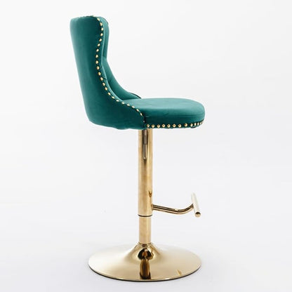 Modern Swivel Bar Stool with Adjustable Height and Tufted Upholstered Backrest for Kitchen Island, Home Bar, or Dining Area (Green + Velvet + Foam)