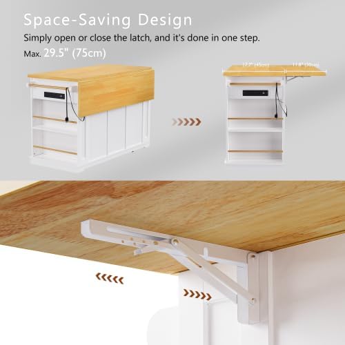 53" Mobile Kitchen Island with Drop Leaf, Rolling Kitchen Cart with Power Outlet and Door Internal Storage Rack, Island Table with 5 Open Side Racks for Dining Room (White)