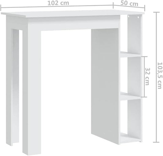 White Engineered Wood High Bar Table Rectangular Shape with 3 Built-in Shelves for Dining Room Kitchen Living Space Modern Minimalist Design Durable Storage Furniture