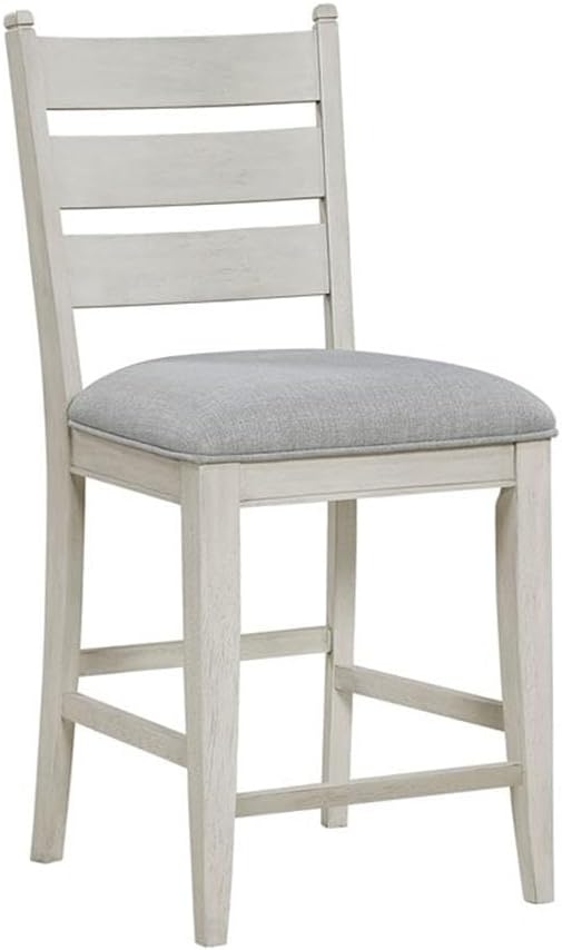 Pemberly Row Counter Height Chairs - Set of 2, Gray Upholstered Textured Seats, Weathered White Solid Wood Frame, Rustic Style for Kitchen Islands or Bar Areas, 250lb Capacity, 19x17.5x25 in