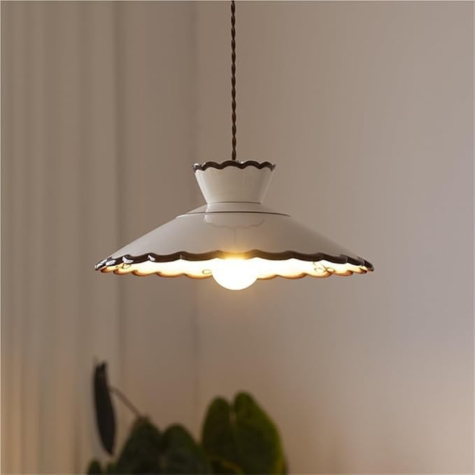 Vintage Scalloped Pendant Light, Cottagecore Farmhouse Style Hanging Lamp, Cream White Ceramic Shade, Adjustable Cord Ceiling Fixture for Kitchen Island, Dining Room, Bedroom, Cafe