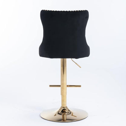 Adjustable Swivel Bar Stool with Tufted Velvet Upholstery, Chrome Base and Back Support for Kitchen Island, Home Bar or Pub (Black + Velvet + Foam-1)