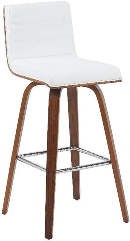 Vienna Modern Swivel Bar Height Stool with Snow White Faux Leather Seat and Walnut Finished Wood Frame Set of 2