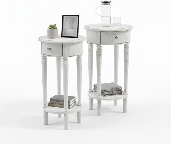 SUNBURY 28" H Tall End Table with Drawers & Lower Shelf, Round Nightstand Set of 2, Accent Side Table for Living Room, Bedroom, Small Spaces (White)