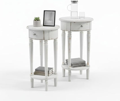 SUNBURY 28" H Tall End Table with Drawers & Lower Shelf, Round Nightstand Set of 2, Accent Side Table for Living Room, Bedroom, Small Spaces (White)