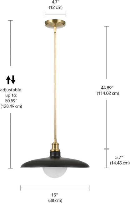 Globe Electric 1-Light Pendant Light, Matte Black Shade with Matte Brass Trims & Interior, Removeable Etched Glass Shade, Soft Industrial Lighting for Dining Room or Living Room
