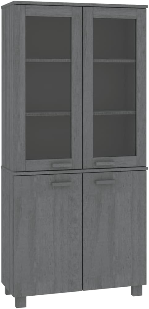 Dark Grey Solid Pine Wood Highboard Set of 2, Rustic MDF Glass Buffet Cabinet with Storage, 13.8x33.5x70.9 in, for Living Room, Hallway, Kitchen Island Kitchen Furniture