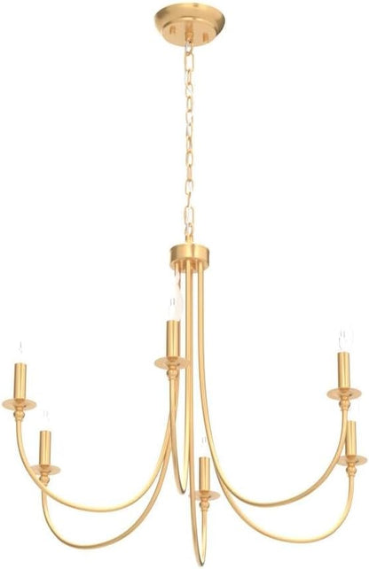 ALISADABOY Gold Farmhouse Chandelier Modern Candlestick Dining Chandelier Light Fixture Industrial 6 Light Pendant Lighting for Kitchen Living Room Bedroom Foyer Entrance Hallway Entryway
