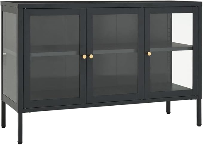 Anthracite Sideboard, Powder-Coated Steel, Tempered Glass Doors, 13.8x41.3x27.6 in. Modern Storage Cabinet for Living Room, Dining Room, Home Office Kitchen Furniture