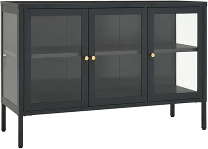 Anthracite Sideboard, Powder-Coated Steel, Tempered Glass Doors, 13.8x41.3x27.6 in. Modern Storage Cabinet for Living Room, Dining Room, Home Office Kitchen Furniture