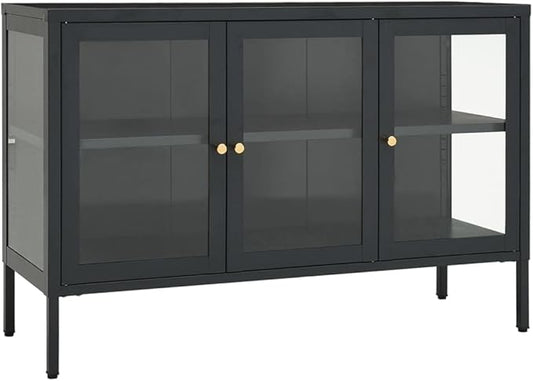 Anthracite Sideboard, Powder-Coated Steel, Tempered Glass Doors, 13.8x41.3x27.6 in. Modern Storage Cabinet for Living Room, Dining Room, Home Office Kitchen Furniture