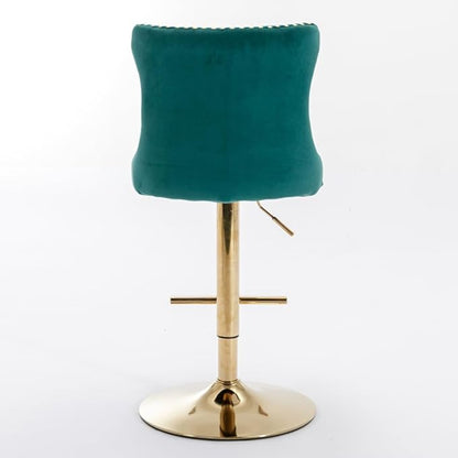 Adjustable Swivel Bar Stool with Tufted Velvet Upholstery, Chrome Base and Back Support for Kitchen Island, Home Bar or Pub (Green + Velvet + Foam)