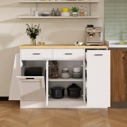 Bellemave Sideboard Buffet Cabinet with Drawers & Adjustable Shelves, Modern Kitchen Pantry with Tilt Out Trash Can, Coffee Bar Station with 3-Tier Pull-Out Rack for Dining Room, Kitchen (White/58)