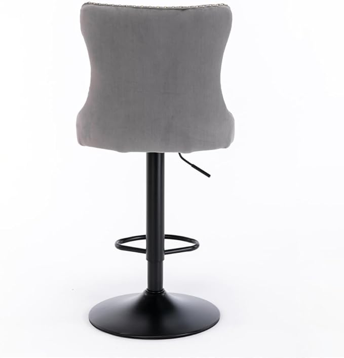 Modern Swivel Bar Stool with Adjustable Height and Tufted Upholstered Backrest for Kitchen Island, Home Bar, or Dining Area (Gray + Velvet + Foam)
