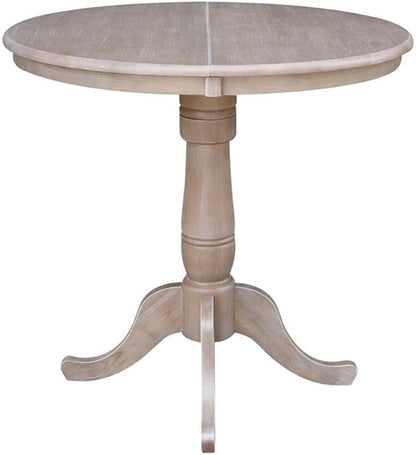 International Concepts 36" Round Top Pedestal Table with 12" Leaf-34.9" H-Dining or Counter Height, Washed Gray Taupe