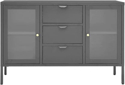 Anthracite Steel Sideboard, 41.3"x13.8"x27.6" Tempered Glass Buffet Cabinet with Drawers, Modern Storage for Kitchen, Living Room Storage Cabinets