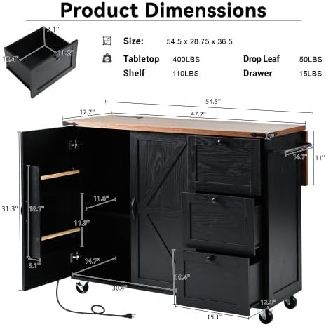 Kitchen Island Cart with Internal Storage Rack, 54.5'' Rolling Kitchen Island Table with Power Outlet, Drop Leaf, Spice/Towel Rack and Drawer, Mobile Kitchen Islands with Storage on Wheels (Black)
