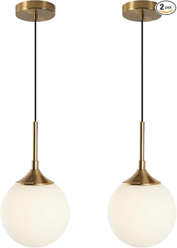 KCO Lighting 7” Small Milk Glass Pendant Light Gold Globe Kitchen Pendant Lights Vintage White Glass Hanging Light Fixture Mid Century Modern Dining Room Ceiling Light Fixture (2 Pack)
