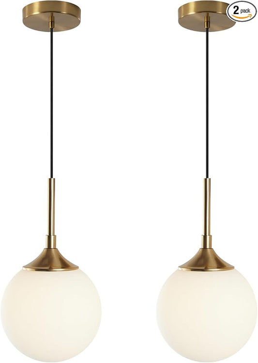 KCO Lighting 7” Small Milk Glass Pendant Light Gold Globe Kitchen Pendant Lights Vintage White Glass Hanging Light Fixture Mid Century Modern Dining Room Ceiling Light Fixture (2 Pack)