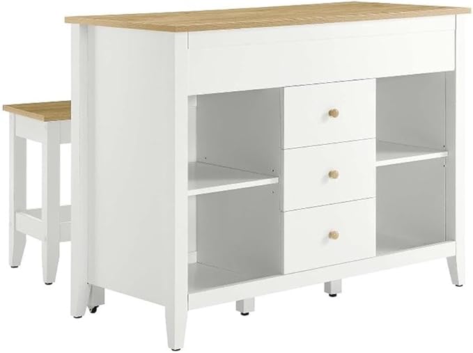 MAKLAINE Contemporary 3-Piece Kitchen Island and Stool Set, Oak White Finish, MDF/Particleboard Construction, Adjustable Shelves, Butcher Block Countertop, Pull-Out Table, Small Kitchen Dining Space