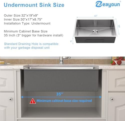 32 Inch Undermount Kitchen Sink 16 Gague Stainless Steel Single Bowl Handmade Sinks Large Deep Under Counter Basin 32"x19"x9"