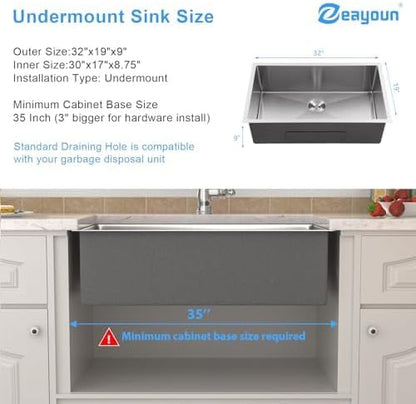 32 Inch Undermount Kitchen Sink 16 Gague Stainless Steel Single Bowl Handmade Sinks Large Deep Under Counter Basin 32"x19"x9"