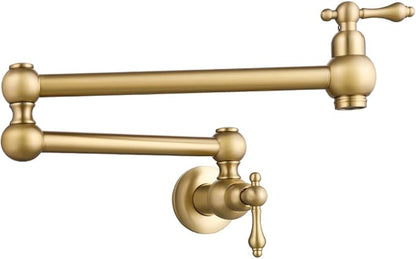 Gold Pot Filler, Brushed Brass Pot Filler Faucet Wall Mount, Potfiller, Vintage Pot Filler Over The Stove Faucet with Two Handles Strechable Double Joint Swing Arms