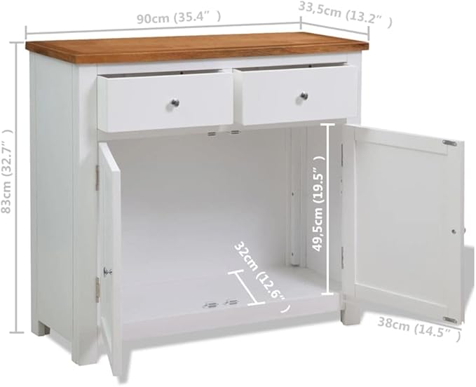 Solid Oak Wood Sideboard, 35.4"x13.2"x32.7", Brown & White Buffet Cabinet with Drawers, Storage for Kitchen Dining Room Dining Storage