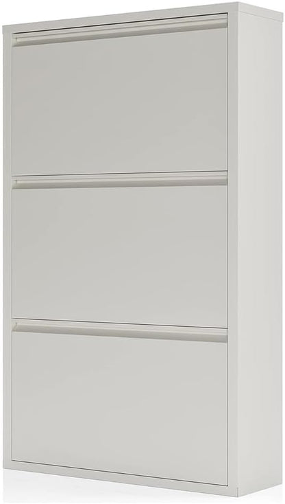 Shoe Storage Cabinet with 3 Flip Drawers, Hidden Slim Narrow Shoe Rack Cabinet, Wall Mount Metal Shoe Cabinet for Entryway, White