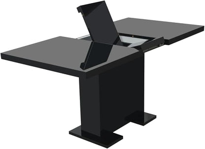 Extendable Dining Table Rectangular Glossy Black MDF Steel Kitchen Table for Small Space Modern Expandable Dining Room Furniture