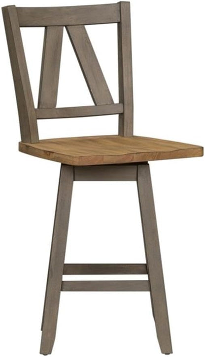 Pemberly Row Contemporary 7 Piece Gathering Table Set, Rubberwood Solids and Veneers, Light Gray and Sandstone Finish, Includes Kitchen Island Table with Storage and 6 Counter Height Swivel Chairs