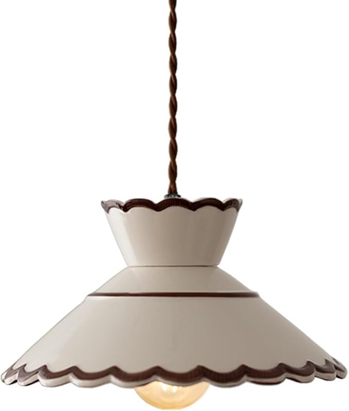 Vintage Scalloped Pendant Light, Cottagecore Farmhouse Style Hanging Lamp, Cream White Ceramic Shade, Adjustable Cord Ceiling Fixture for Kitchen Island, Dining Room, Bedroom, Cafe