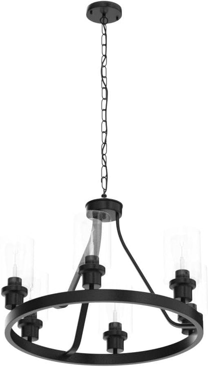 Lanhall 6-Light Farmhouse Chandelier Light Fixture Dining Room Lighting Fixtures Hanging Wagon Wheel Chandelier Kitchen Island Pendant Lights Modern Black Industrial Rustic Adjustable Height Metal