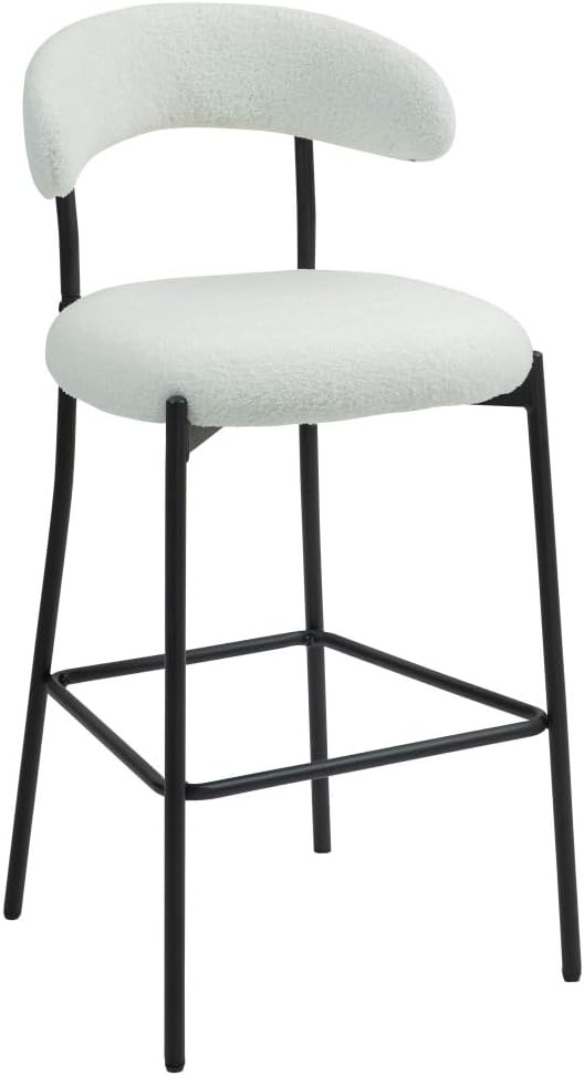 26" Counter Height Bar Stools - Teddy Fabric Upholstered Kitchen Island Stools with Black Powder-Coated Metal Base & Integrated Footrest, Modern Farmhouse Style(Snow)